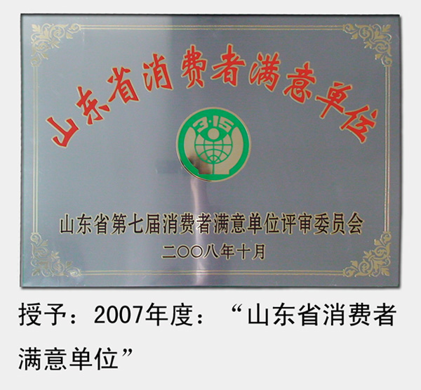 2008年，被山東省消費者協(xié)會(huì )評為“第七屆山東省消費者滿(mǎn)意單位”